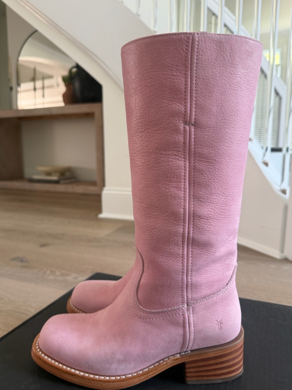 Frye Pink Leather Mid-Calf Stacked Heel Boots - Picture 6 of 8